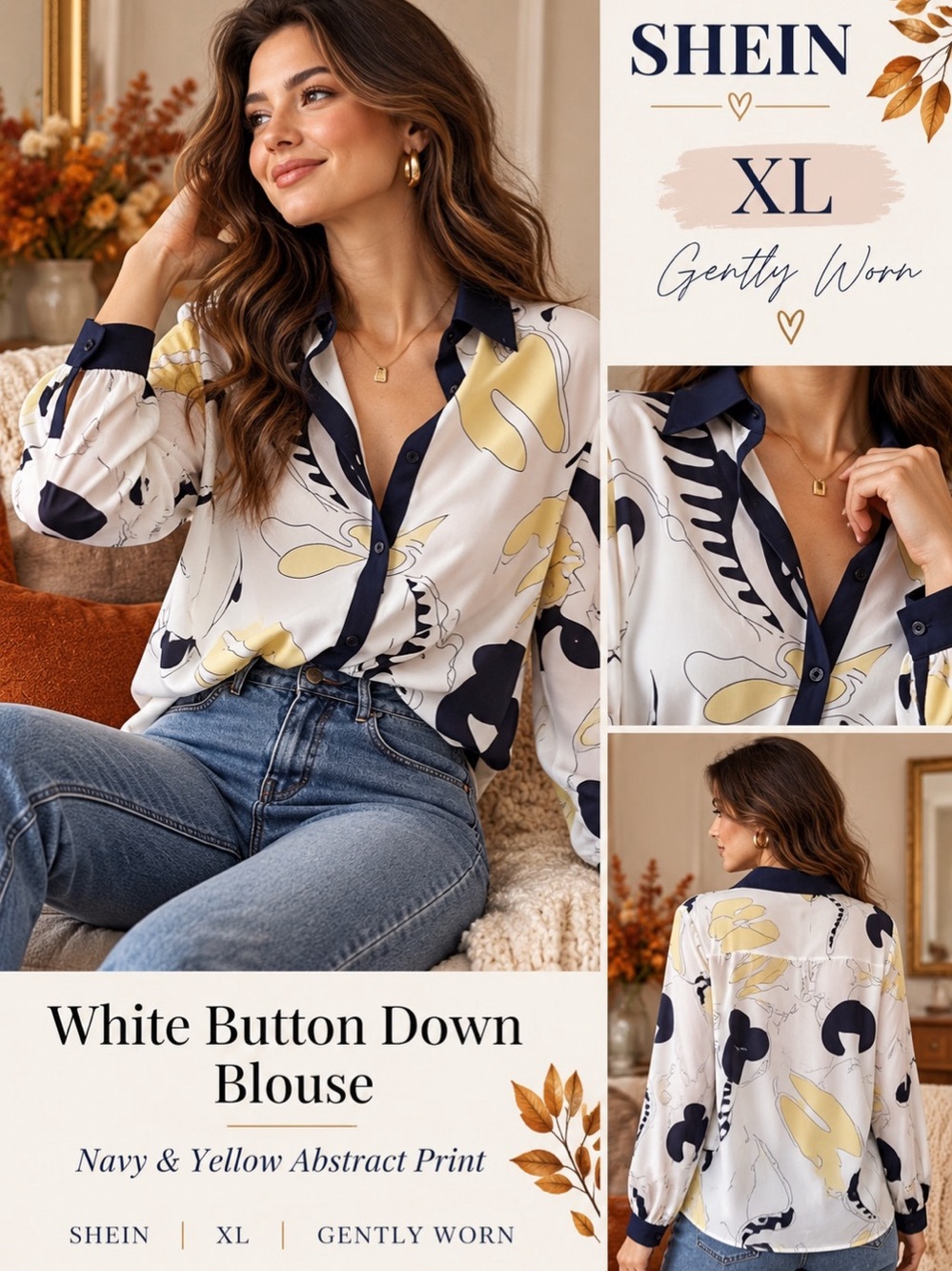 SHEIN Abstract Button Down Blouse XL- Gently Worn